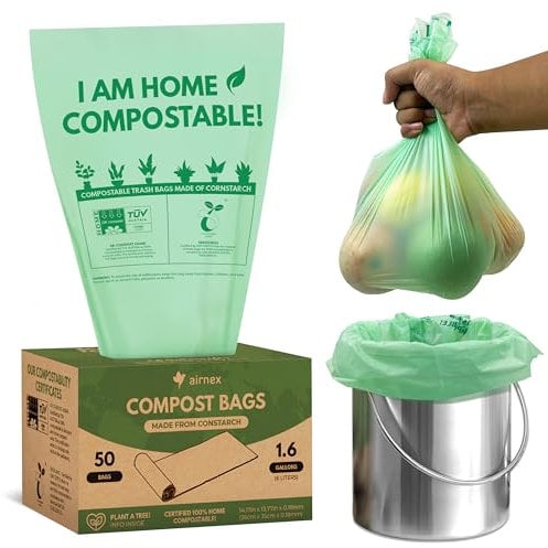 Compostable Trash Bags Small 1.6 Gal - 50 Count Green Compost Bags for Countertop Bin made of Cornstarch - Food Waste Compostable Bags Leakproof & Tear Resistant