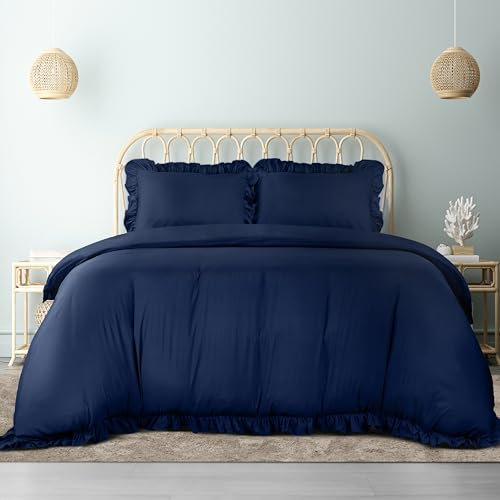Utopia Bedding Ruffle Duvet Cover Set - Duvet Cover Double with Pillowcases - Soft Microfibre Polyester Ruffle Bedding (Navy)