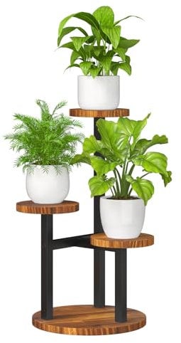 Bamworld Porta piante da interno in metallo 3 ripiani in legno - Fioriera a più livelli per vasi da esterno e interno, scaffale verticale per piante, portavasi salvaspazio per arredo giardino e casa