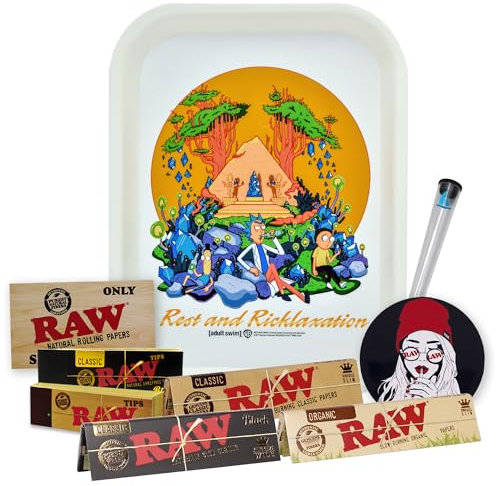 Regalo para fumadores Bandeja para liar Rick y Morty 25 x 19 cm + Papel Raw Organic, Black y Classic King Size + Tips + Pegatinas + Portacigarros – Producto oficial. (Rest And Relaxation)