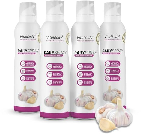 VitalBody+ DailySpray Rapsöl Knoblauch, 2 kcal Ölspray, 4er Pack | Airfryer, Braten & Grillen, Kalorienarm Kochen, Non-stick Cooking Spray, 3200 Portionen