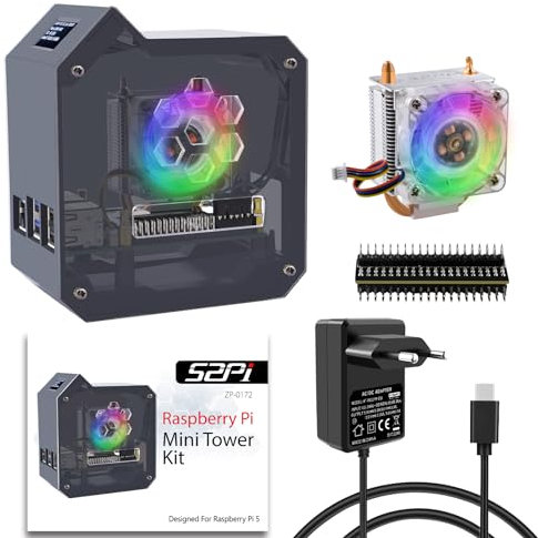 GeeekPi Mini Tower Kit with PD 27W Power Supply for Raspberry Pi 5, Raspberry Pi 5 Case with ICE Tower Cooler Active Cooler, 5.1V 5A USB C Power Adapter, 0.96'' OLED Module for Raspberry Pi 5 4GB/8GB
