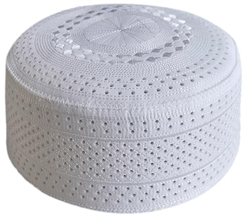 LEEINTO Ethnische Gebets-Kufi-Mütze für Herren, atmungsaktive Löcher, Vintage-Stickerei, islamische arabische jüdische Kopfbedeckung, weiße Mütze, Mütze