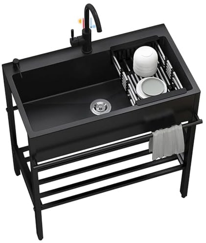 80x45x85 cm Edelstahl Spülbecken Schwarz - Freistehender 1-Becken Spültisch für Küche, Outdoor & Gastro mit Warmundkaltwasserhähnen, Überlaufschutz & mobiles Waschbecken