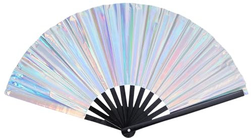 Silver Holographic Rave Hand Fan Glitter Large Folding Clack Handheld Fan PVC Laser Festival Fan Chinese Hand Fans for Wedding Birthday Dancing Music Night Club Rave Festival Cosplay Party (Silver)