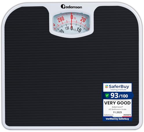 Adamson A21 Analog Scales for Body Weight - Up to 300 LB - New - Anti-Skid Rubber Surface + Large Numbers - Analog Bathroom Scale - Affordable - Durable with 20-Year Assurance - Black