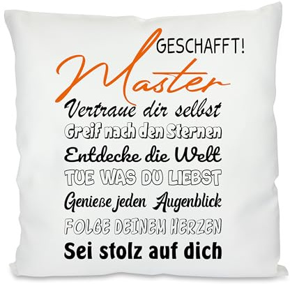 Herzbotschaft Kissen zum Masterabschluss | Master geschafft! | Dekokissen als Geschenk | Kissenhülle und Füllung | 40cm x 40cm | weiches Kissen mit verstecktem Reißverschluss