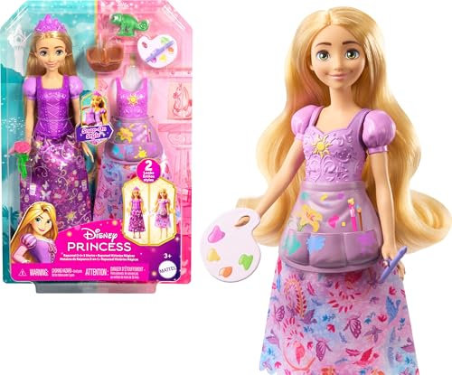 Mattel Disney-Princess-Spielzeuge, Rapunzel-Modepuppe mit 2 Looks, 9 Accessoires, 2 Oberteilen zum Anklipsen und 2 Röcken. 2-in-1-Geschichten inspiriert von Disney Neu verföhnt“, JBG09
