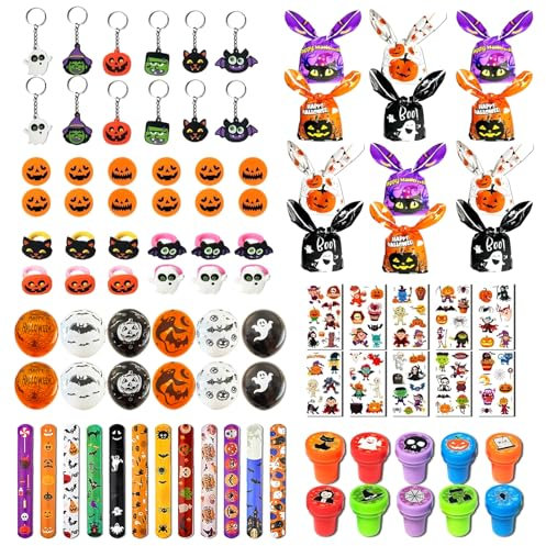 Rosedreamer Halloween Mitgebsel Kinder 92 Stück Halloween Geschenke Party mit Halloween Tütchen,Stempel , Ballon,schnapparmband kinder,Ring, Radiergummi,Schlüsselanhänger und Temporäre Tattoo