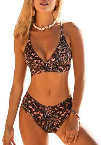 CUPSHE Damen Bikini Set V Ausschnitt Triangel Breites Unterbrustband Lace Up Mid Waist Bikini Bademode Zweiteiliger Badeanzug Swimsuit Schwarz/Blumen L