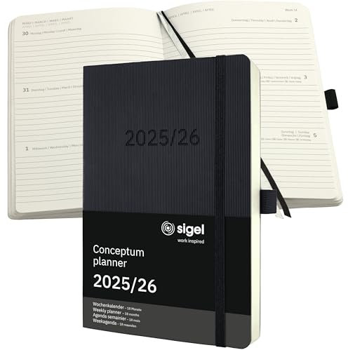 SIGEL C2606 Wochenplaner Wochenkalender 2025/2026, ca. A5, schwarz, Softcover, 256 Seiten, Gummiband, Stiftschlaufe, Archivtasche, nachhaltiges Papier, 18-Monatskalender, Kalenderbuch Conceptum