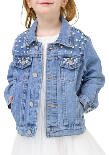 Miipat Girls Denim Jacket Toddler Jean Jacket Button Down Fashion Pearl Decorate Jeans Coat with Pockets Longe Sleeve Outerwear for Kids 100 3-4 Years
