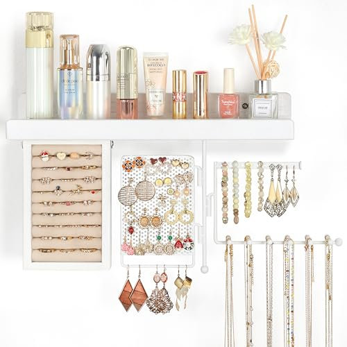 SOLIMINTR Hängender Schmuck-Organizer, Wandhalterung mit rustikalem Holzregal, Ring-Displaybox, Ohrstecker-Halter, drehbarer Halskettenhalter, weiß