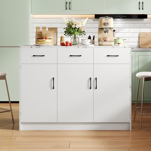 Moimhear Isla de cocina grande 120 x 60 x 90,5 cm, 3 cajones y 3 puertas, diseño de mármol blanco, estantes ajustables, cajones silenciosos