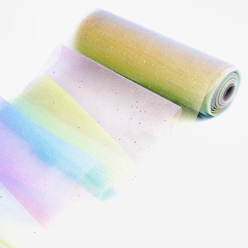 Regenbogen Tischläufer Glitzer Tüllstoff, Weich Dekostoff Tüllband, Regenbogen Tischband Tüllnetz für Geburtstage, Party, Hochzeitsdekoration, Märchenpartys und DIY Projekt