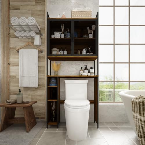 Étagère de toilettes, étagère au-dessus des toilettes, avec étagères réglables, armoire autoportante, 180 x 80 x 25 cm, meuble de toilette à double porte, pour salle de bain, marron vintage + noir