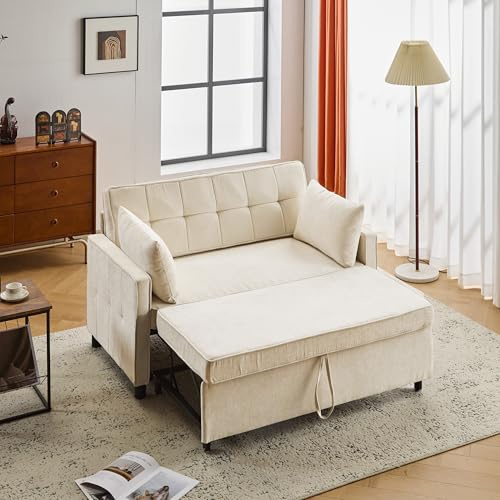 Sofa 2 Sitzer mit Schlaffunktion, Ausklappbares Sofa mit Verstellbare Rückenlehne, 3 in 1 Bettsofa Schlafsofa mit Bettkasten, Chenille Kleine Sofas für Kleine Räume, 142x79 cm, Beige
