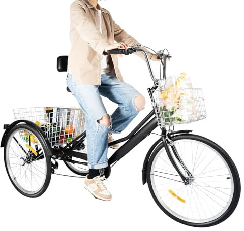 CHERIKIU 24 Zoll 7-Gang Dreirad für Erwachsene, 3-Rad-Cruiser-Fahrrad Lastenfahrrad Einkaufen Faltbares Dreirad mit Rückenlehnen&Frontbox, Verstellbarer Sitz für Erwachsene SeniorenOutdoor-Sport