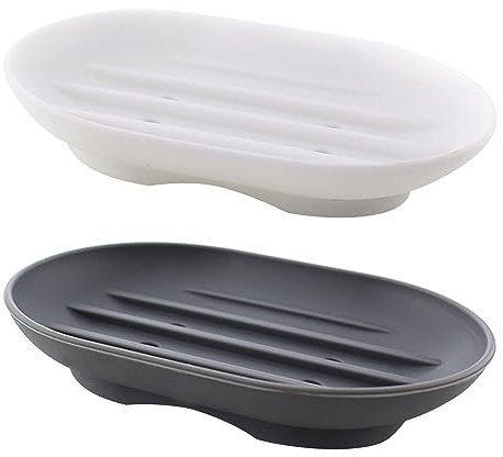 Lot de 2 porte-savon en silicone souple avec design antidérapant (gris + blanc)