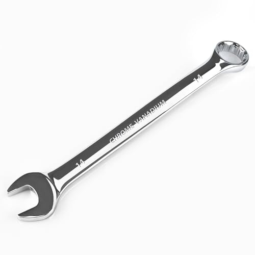 14-mm-Schraubenschlüssel, industrieller Schraubenschlüssel, Ringmaulschlüssel, metrisch mit 12-kantigem Kastenende, 15-Grad-gekröpft, 14-mm-Schraubenschlüssel, Chrom-Vanadium-Stahl, hochglanzpoliert