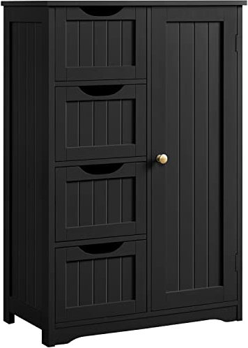 Yaheetech Bathroom Floor Cabinet Wooden Freestanding Storage Organizer with 4 Drawers & 1 Door, Adjustable Shelf, Black