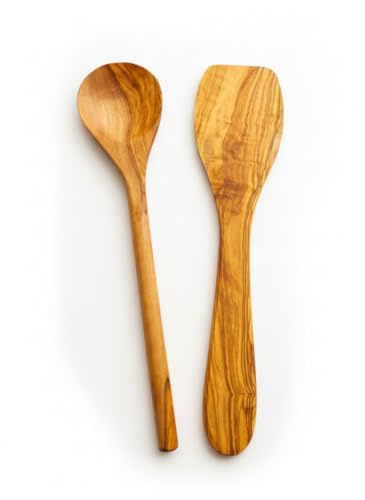 Ustensiles de Cuisine en Bois d'Olivier, Set de 2 Pièces, Cuillère et Spatule, 30 cm