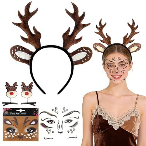 Reh Haarreif Damen Mädchen, Reh Geweih Haarreif mit mit 2 Gesichtstattoo, Rehohren Rentier Haarreifen Reh Hörner Kostüm Kopfschmuck Accessoires, Rentier Kostüm Zubehör für Karneval Fasching Cosplay