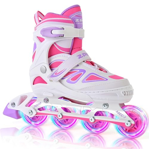 2PM SPORTS Verstellbar Inliner für Kinder, Leucht Inline Skates Rollschuhe für Damen/Herren (White Pink L)