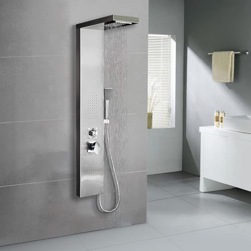 WXPGFEQ Stainless Steel Corner Shower Panel - 4 Functions Handheld Rainfall & Waterfall Showerhead Complete Shower Accessory Set for Corner Installation