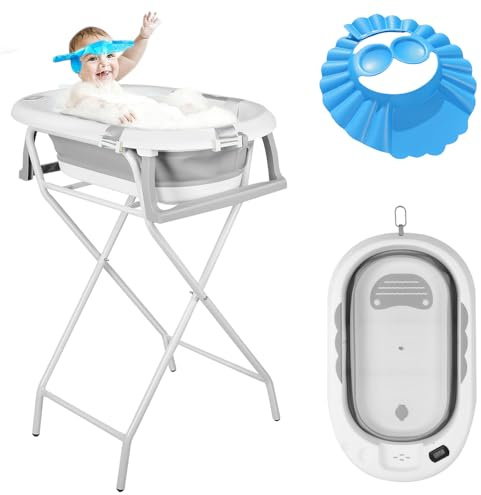 OHMG Bañera para bebé con soporte de 85 cm, bañera plegable para bebé, con termómetro y cojín de baño, bañera plegable