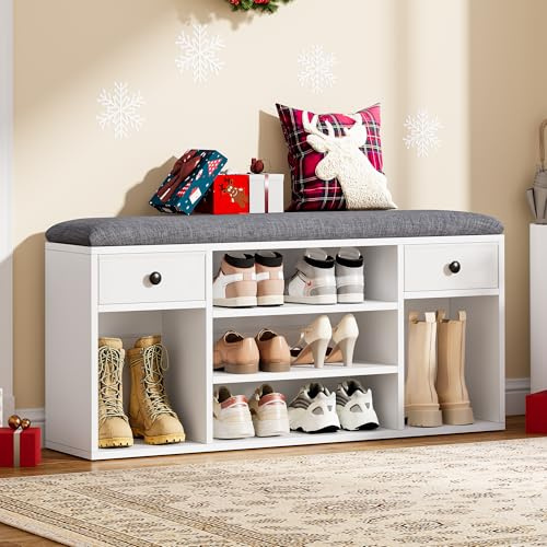 YITAHOME Schuhbank mit Sitzfläche, 5 offene Fächer,kann Stiefel aufbewahren | 105x30x50cm, Schuhregal mit Sitzbank, 2 Stoff Schublade, Holzwerkstoff, Schnelle Montage, Schuhregal für Wohnzimmer, Flur