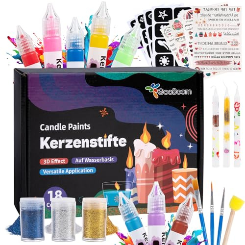18 Stück Kerzenstifte Set Candle Pen für Kerzen Bemalen | Kerzenstifte mit Glitzer, Kerzenfarben & Kerzen Malstifte inkl. Schablonen & Kerzentattoos für Selber Machen