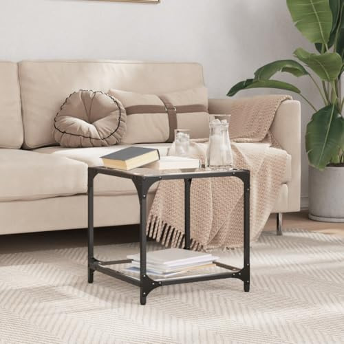 QUAHEAS Table basse avec plateau en verre noir transparent, 40 x 40 x 40 cm, cadre en acier, table de salon moderne, durable