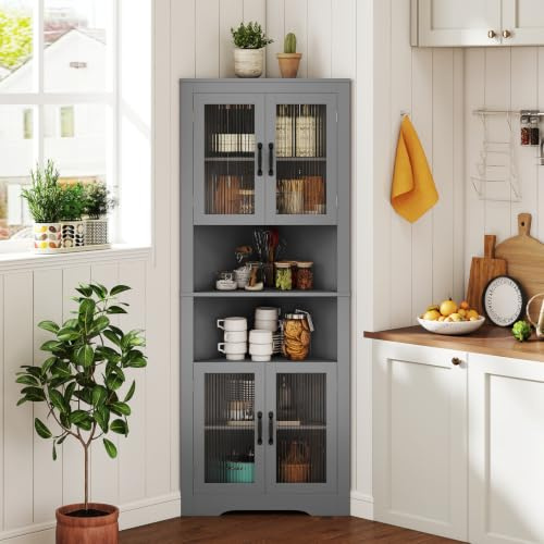 TANGZON Corner Cabinet, 171cm Tall Storage Cabinet with 4 Glass Doors, 2 Open Shelves, 2 Adjustable Shelves & Anti-Tipping Device, Space Saving Wooden Sideboard Shelving Unit for Home Kitchen (Grey)
