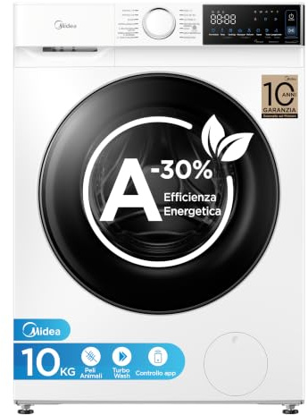 Midea Lavatrice 10 kg Classe A-30% 1400 Giri Turbo Wash Controllo App | Woolmark, Outdoor, Turbo Wash, Oblò da 330mm e Rimozione Peli di Animali per Famiglie Numerose e Attive MFV5EW100BA30