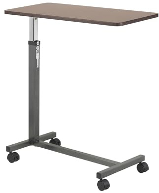 Drive Medical Overbed Table with Wheels - Secure Height Adjustment for Comfort - Non Tilt Surface - Smooth Rolling Design - Home & Hospital Use - Woodgrain Laminate Top - Silver Vein
