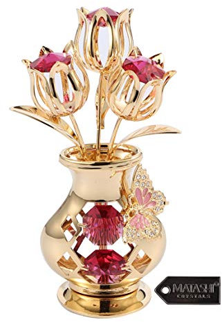 Beautifully Crafted Tulips In A Vase Table Top Ornament Dipped In 24k Gold Plating Made with Genuine Matashi Crystals (Butterfly, Red Crystal)