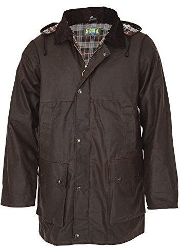 Romneys Gefütterte englische Wachsjacke Country – Robuste, warme wind- und wasserdichte Jacke inklusive Kapuze (Braun, XL)