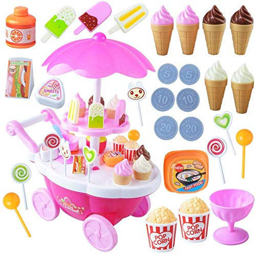 Carrito de helado de 34 piezas, juego de comida de postre y carrito de caramelos, juguete con música e iluminación, juguetes para niños y niñas