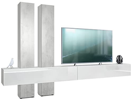 Vladon Wohnwand Moja, Made in Germany, Weiß matt & Weiß/Beton Oxid Optik - Moderne Anbauwand für Ihr Wohnzimmer (BxHxT) 330 x 204 x 39 cm