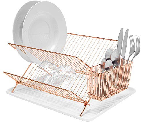 simplywire – Folding Dish Drainer – Plate Drying Rack with Cutlery Holder - Copper Chrome Plated Steel