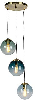 Qazqa - Art Deco Art Deco Hängelampe I Pendellampe I Pendelleuchte Messing mit blauem Glas - PallonI 3-flammig I Wohnzimmer I Schlafzimmer - Kugel I Kugelförmig I Länglich - LED geeignet E27