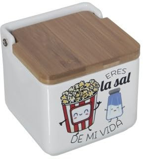 TIENDA EURASIA® Saleros de Cocina con Tapa Originales - Cerámica con Tapa - 12x12x12cm (Sal DE MI Vida Palomitas)