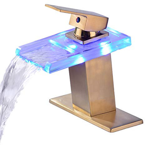 Rubinetto di vetro del lavandino del bagno LED, RBG 3 colori luce cascata singola maniglia singolo foro miscelatore rubinetto/rubinetto, oro spazzolato.