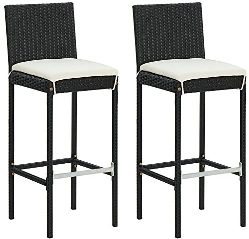 vidaXL 2X Garten Barhocker mit Kissen Barstuhl Tresenhocker Thekenhocker Tresenstuhl Thekenstuhl Küchenhocker Gartenmöbel Schwarz Poly Rattan