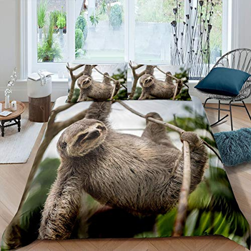 Loussiesd Faultier Bettbezug Set Woodland Botanisch Bettwäsche Set 135x200cm für Jungen Mädchen Karikatur Braun Faultier Betten Set Grüne Blattbaumzweige Dekor 2St