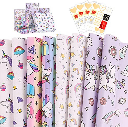 ALTcompluser 8 Blatt 70 x 50 cm Geschenkpapier Kinder, 4 Muster Einhorn Geschenkpapier Baby, Geschenk Papier, Wrapping Paper mit 4 Aufklebern für Babyparty, Baby Geburt Taufe, Mädchen Geburtstag