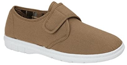 GladRags Mens Canvas Hook & Loop Strap Closure Wider Fit Plimsoll Pump Trainer Deck Shoe, Taupe, Size 7