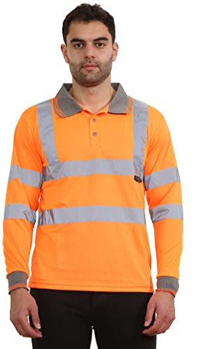 kraftd Mens Hi Vis Polo Viz High Visibility Reflective Tape Safety Polos Contrast Long Sleeve Workwear Tee Tshirt Top