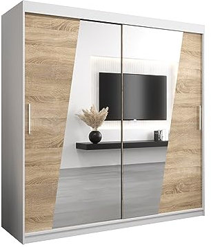 E- MEUBLES Armoire de Chambre avec 2 Portes coulissantes et Miroir Style Contemporain Penderie (Tringle) avec étagères (LxHxP): 200cmx200cmx62cm Thor Blanc + Chêne Sonoma